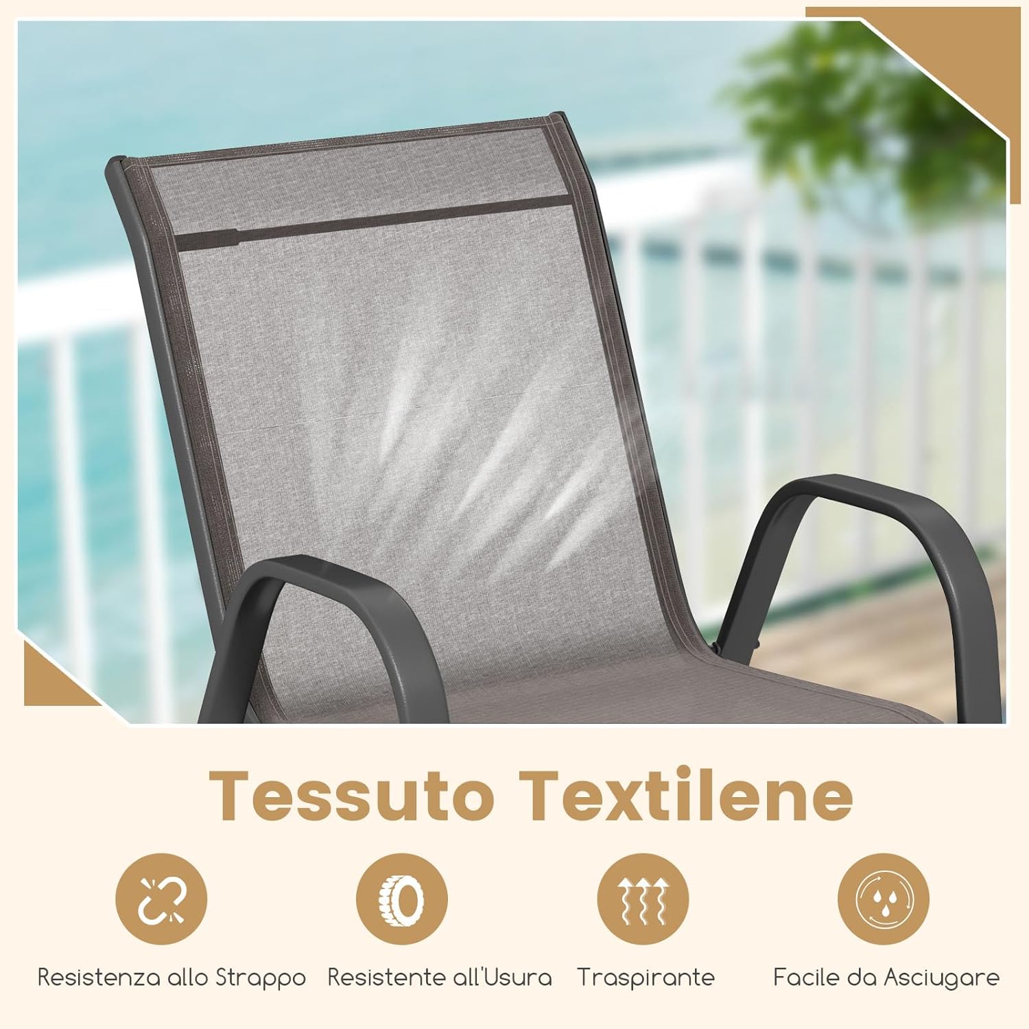 Set di 2/4 Sedie da Giardino, Poltrone in Tessuto Textilene per Esterno, Sedie Impilabili con Gambe in Metallo, Portata 150 kg, 56 x 70 x 84 cm (Grigio,2)