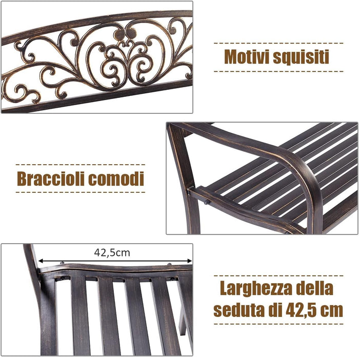 Panchina da Esterno, Panchina in Metallo Verniciato con Schienale Bello, Sedile Ampio e Braccioli Ergonomici, Panca da Giardino, Balcone e Cortile, 126 x 60 x 85 cm (Bronzo)