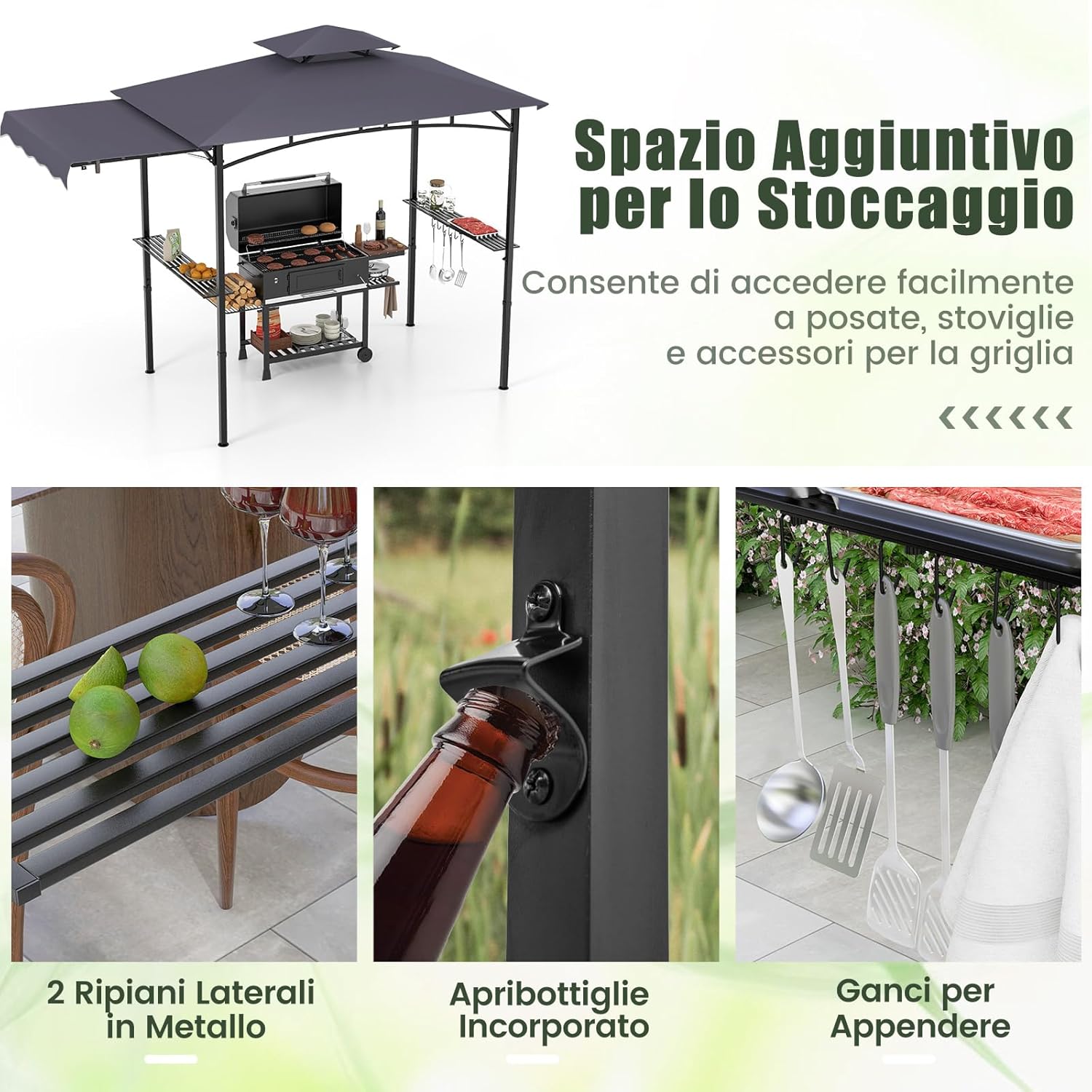 Gazebo per Barbecue, Pergola per BBQ con Tendalino Laterale, Tetto a 2 Livelli, 2 Ripiani Laterali, Ganci Appesi, Apribottiglie, per Giardino e Cortile, 318 x 153 x 250 cm (Grigio Scuro)
