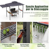 Gazebo per Barbecue, Pergola per BBQ con Tendalino Laterale, Tetto a 2 Livelli, 2 Ripiani Laterali, Ganci Appesi, Apribottiglie, per Giardino e Cortile, 318 x 153 x 250 cm (Grigio Scuro)