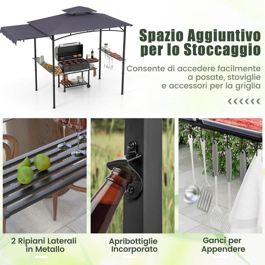 Gazebo per Barbecue, Pergola per BBQ con Tendalino Laterale, Tetto a 2 Livelli, 2 Ripiani Laterali, Ganci Appesi, Apribottiglie, per Giardino e Cortile, 318 x 153 x 250 cm (Grigio Scuro)