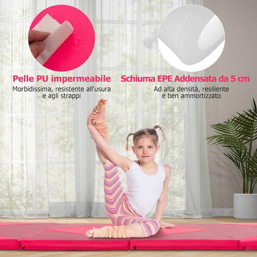 Tappetino Ginnastica Pieghevole 240 CM, Tappetino per Tumbling in Pelle PU con Chiusure a Strappo per Stretching, Yoga, Arti Marziali da Casa, Palestra e Fitness