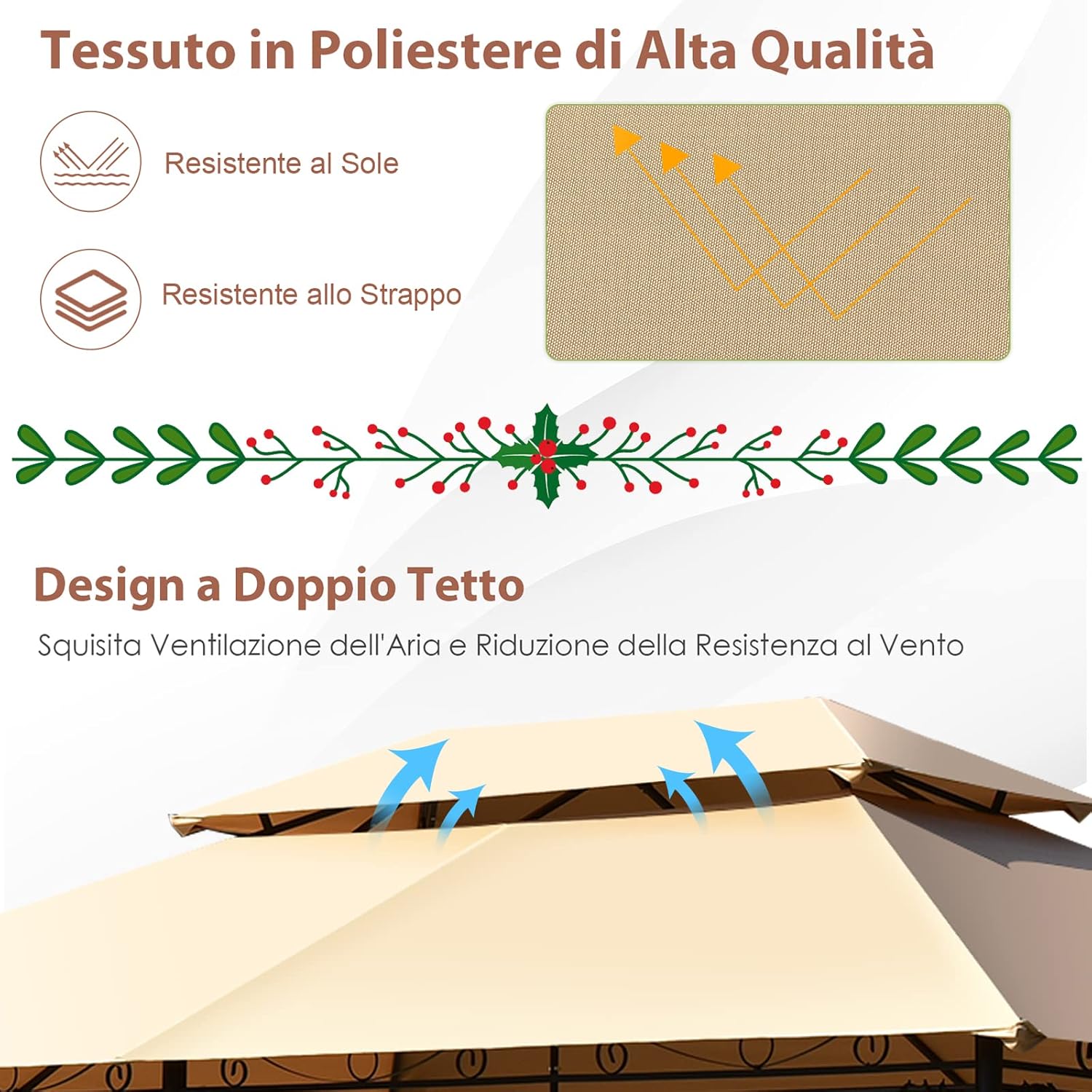 Gazebo da Giardino 3,9 x 2,9 M, Gazebo da Esterno con rete rimovibile e doppi tetti, struttura in acciaio, ideale per Feste, Barbecue, Giardino (marrone chiaro)