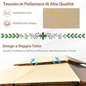 Gazebo da Giardino 3,9 x 2,9 M, Gazebo da Esterno con rete rimovibile e doppi tetti, struttura in acciaio, ideale per Feste, Barbecue, Giardino (marrone chiaro)