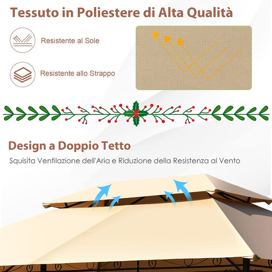 Gazebo da Giardino 3,9 x 2,9 M, Gazebo da Esterno con rete rimovibile e doppi tetti, struttura in acciaio, ideale per Feste, Barbecue, Giardino (marrone chiaro)