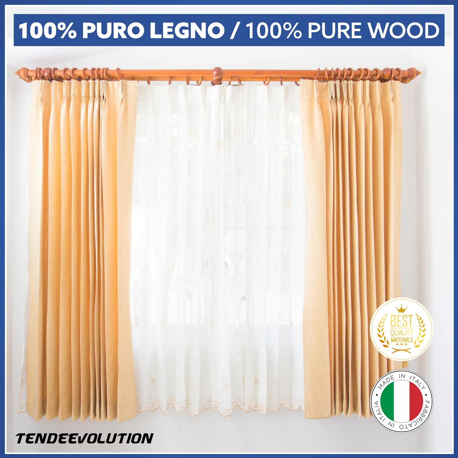 Coppia di Supporti Doppi in Legno per Tenda, Bastone 35 mm, Colore Naturale, 100% Legno di Alta Qualità, Made in Italy