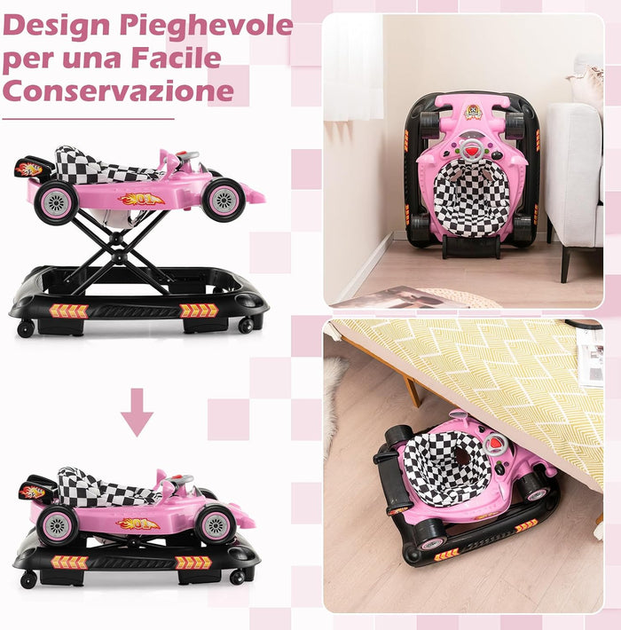 4 in 1 Girello per Bambini, Primi Bassi per Neonati con Altezza Regolabile, Girello Pieghevole con Vassoio Rimovibile, Musica e Luci, per Bambini 6+ Mesi (Rosa)