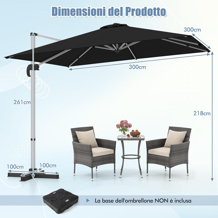 Ombrellone da Giardino, con Base Incrociata, Ombrellone Quadrato da Esterno con Palo in Alluminio e Girevole a 360°, Manovella e Inclinazione Regolabile, 300 x 300 cm (Nero)