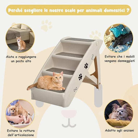 Scaletta Pieghevole per Animali, Scala di Plastica con 4 Gradini per Interno ed Esterno, con Feltro Morbido, Ideale per Animali di Piccola e Media Taglia, Capacità di Carico: 60 kg (Beige)