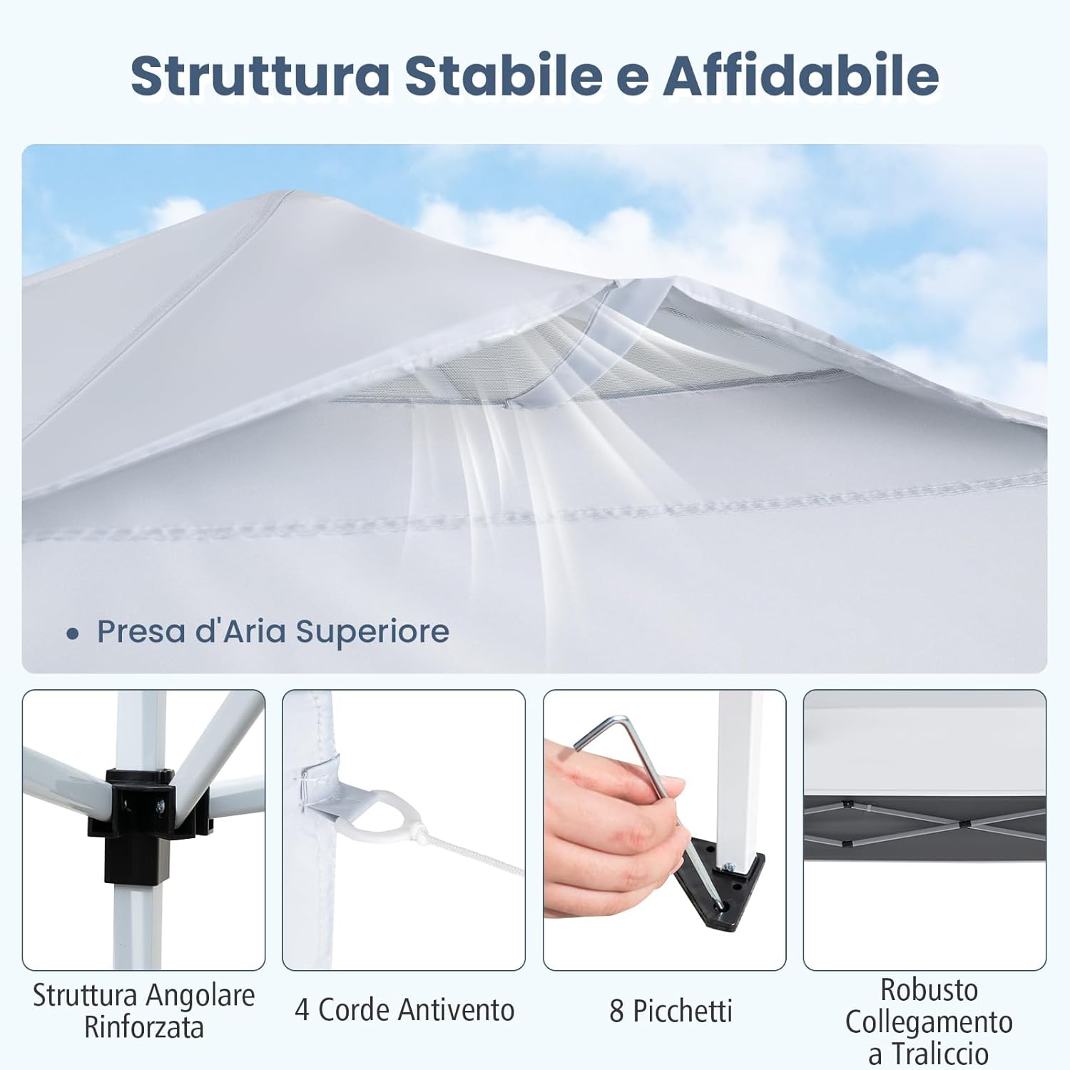 Gazebo Pop-up da 295 x 295 cm, Gazebo da Giardino Impermeabile con Blocco Centrale, Borsa da Trasporto Portatile, Corde Antivento, Picchetti, Tenda Regolabile in Altezza per Feste (Bianco)