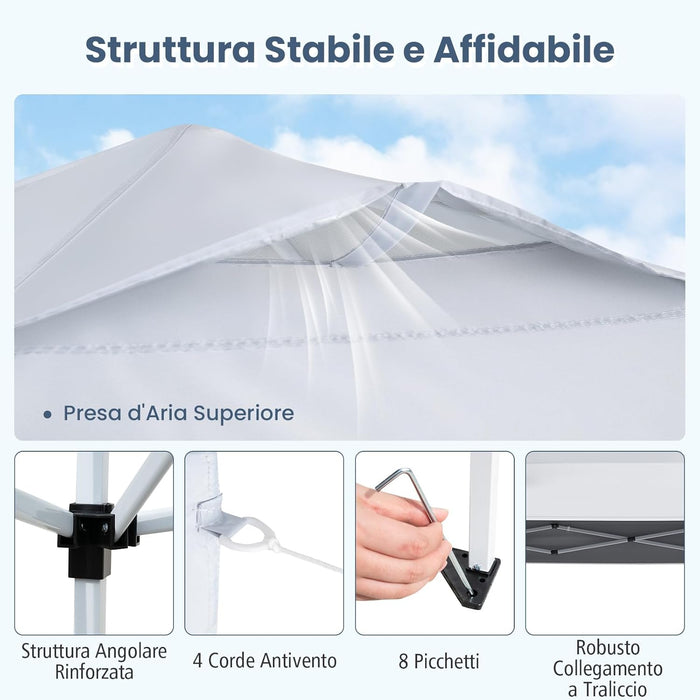 Gazebo Pop-up da 295 x 295 cm, Gazebo da Giardino Impermeabile con Blocco Centrale, Borsa da Trasporto Portatile, Corde Antivento, Picchetti, Tenda Regolabile in Altezza per Feste (Bianco)
