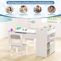 Set Tavolo e Sedie per Bambini con Rotolo di Carta, Tavolino per Cameretta con 2 Sedie, Piano Ribaltabile, Ripiani, 8 Bicchieri per Pittura, 2 Cassetti Nascosti e 2 Ceste di Tessuto (Grigio)