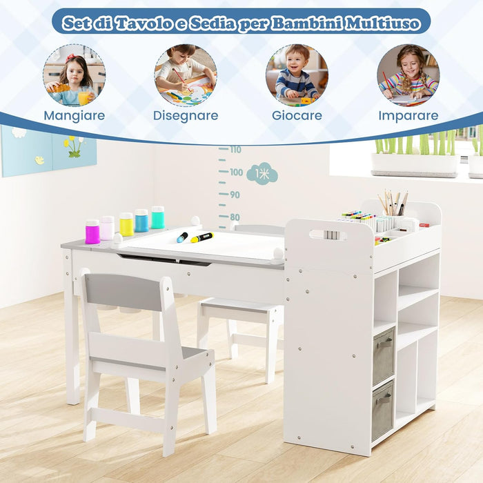 Set Tavolo e Sedie per Bambini con Rotolo di Carta, Tavolino per Cameretta con 2 Sedie, Piano Ribaltabile, Ripiani, 8 Bicchieri per Pittura, 2 Cassetti Nascosti e 2 Ceste di Tessuto (Grigio)