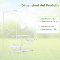 Scaffale Porta Piante a 6 Livelli, Scaffale per Vasi a Forma di Farfalla con 12 Ripiani in Rete Metallica e 4 Ganci, Mensola a Scala per Piante da Interno e Esterno (Bianco)