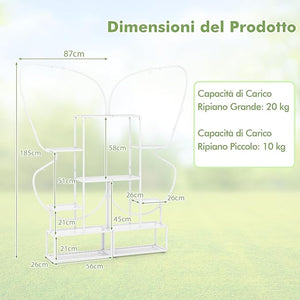 Scaffale Porta Piante a 6 Livelli, Scaffale per Vasi a Forma di Farfalla con 12 Ripiani in Rete Metallica e 4 Ganci, Mensola a Scala per Piante da Interno e Esterno (Bianco)