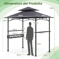 Gazebo per Barbecue, Pergola per BBQ con 2 Ripiani Laterali, Cestino, Ganci Appendiutensili, Apribottiglie, Copertura a 2 Livelli, per Giardino e Cortile, 242 x 153 x 250 cm (Grigio Scuro)
