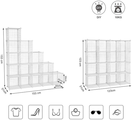 Armadio portaoggetti ripiano pannelli in rete 4 livelli 4 file maglio in gomma di grande capacità dimensioni libere 123 x 31 x 123 cm (l x l x a) bianco 12_0000703