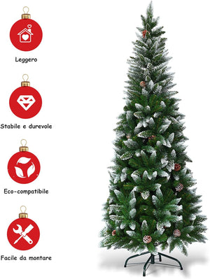 Albero di Natale Innevato 180/220 cm, Albero di Natale Slim con Pigne, Base di Metallo e Rami Rigogliosi in PVC, Ideale per Casa, Ufficio e Negozio (180 cm)