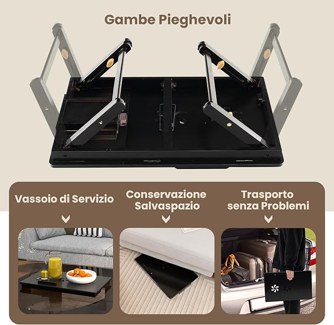 Vassoio per Laptop con Gambe Regolabili e Piano di Dissipazione Termica Inclinabile, Tavolino da Letto Pieghevole con Cassetto Portaoggetti per Leggere, Scrivere e Mangiare (Marrone)