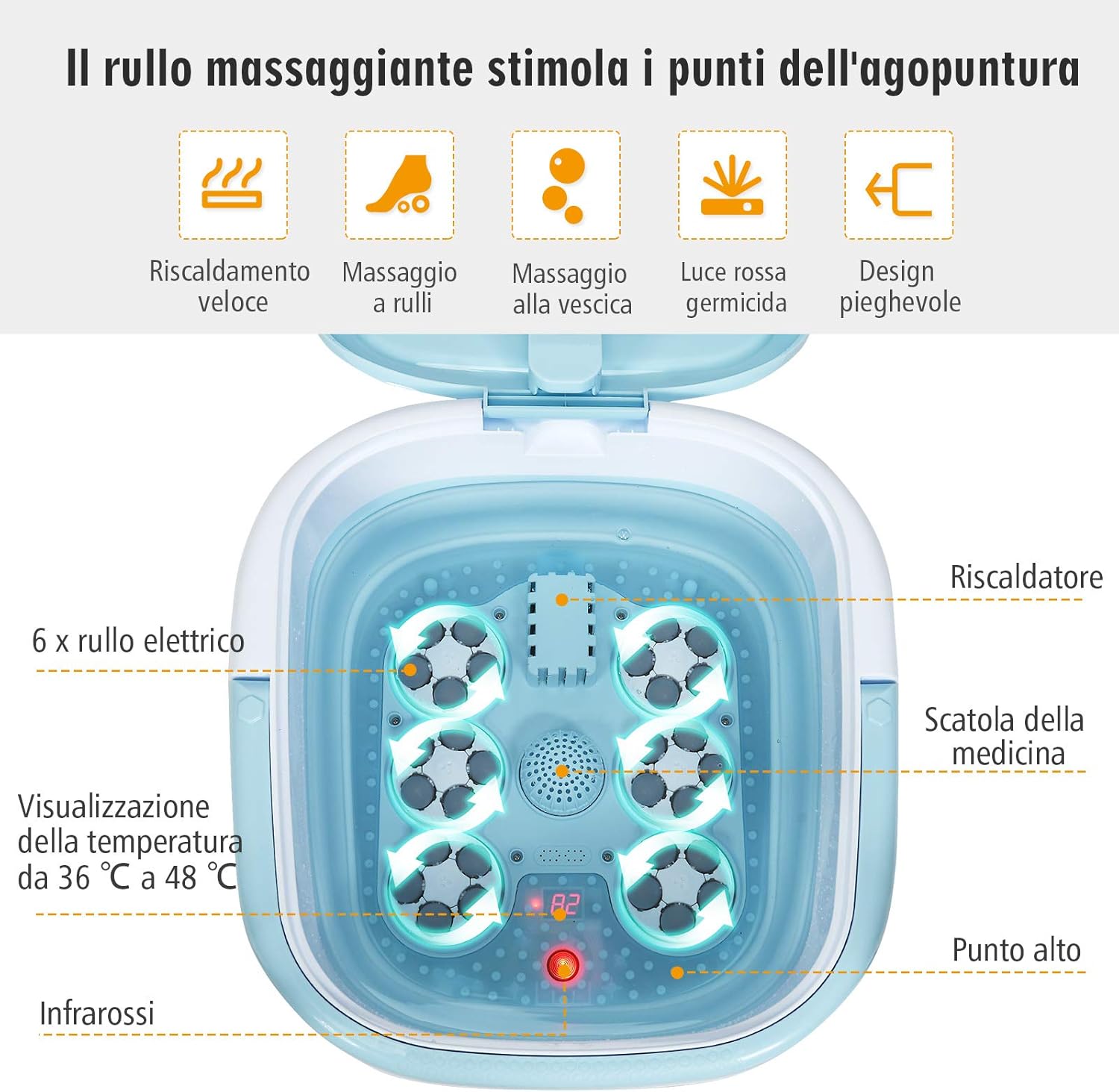 Massaggiatore Plantare Massaggiatore Piedi Elettrico, Massaggia Piedi Portatile, con Funzione Calore Bolle e Rulli Elettronici, Pieghevole Salvaspazio (Blu)