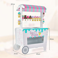 Carretto per Gelato con Accessori per Bambini, Giocattolo Educativo di Carretto per Gelato con Scaffale per l'Esposizione, Compartimento di Congelamento Simulato, con 2 Ruote, 3 Anni+