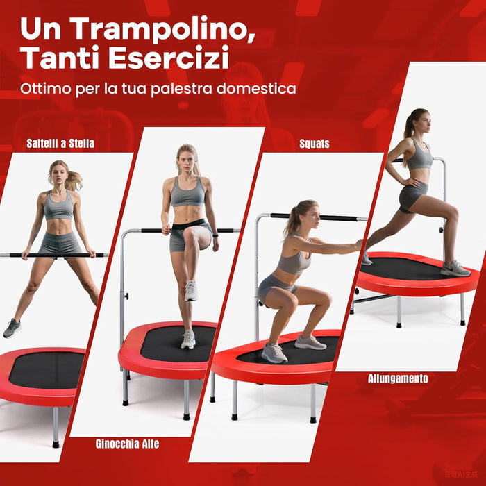 Trampolino Elastico da Interno ed Esterno, Tappetino Elastico Pieghevole per Adulti e Bambini con Maniglia Regolabile, Molle e Cuscinetto di Sicurezza, Trampolino Ovale per 2 Persone