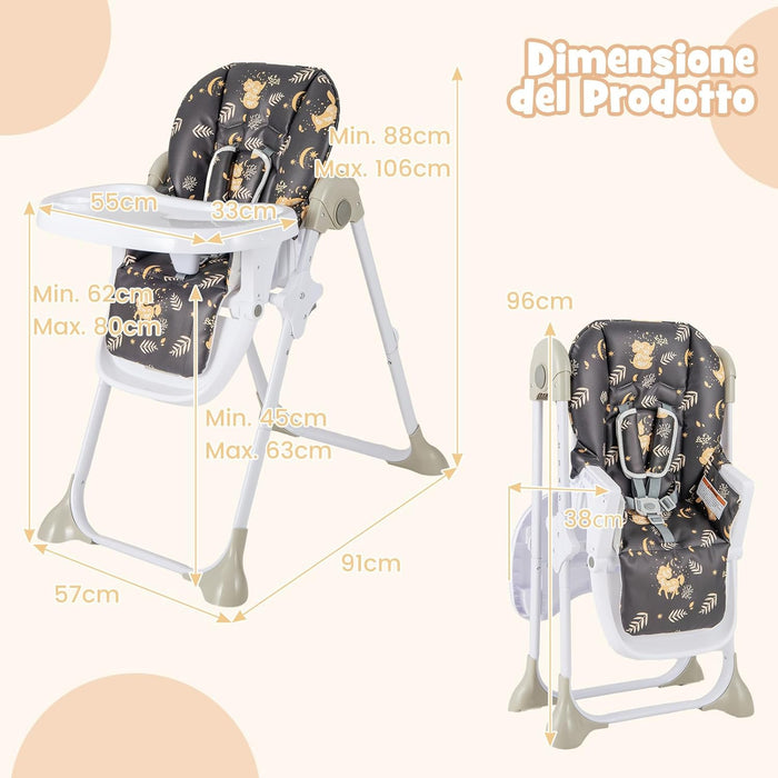 Seggiolone Pappa Pieghevole per Bambini, Seggiolone Portabile con Schienale e Altezza Regolabili, con Ruote, per Bambini 6-36 Mesi, Grigio (Marrone)