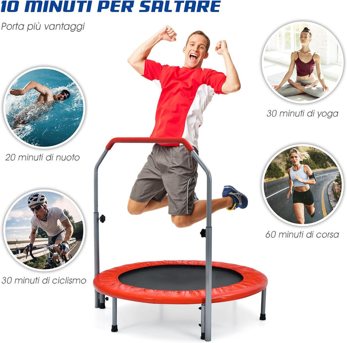 Trampolino per Bambini e Adulti, Tappeto Elastico Pieghevole e Regolabile in 4 Altezze con Maniglia, Capacità di Carico 150 kg