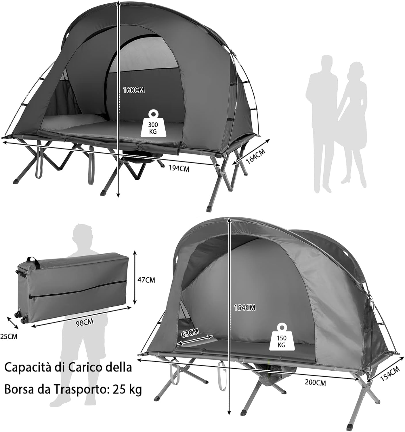 Tenda da Campeggio 4 in 1 con Letti, Copertura Esterna Impermeabile, Materasso a Gonfiaggio Automatico e Borsa di Trasporto con Rotelle, per Campeggio Arrampicata All'aperto Viaggio, Grigio