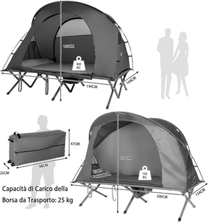Tenda da Campeggio 4 in 1 con Letti, Copertura Esterna Impermeabile, Materasso a Gonfiaggio Automatico e Borsa di Trasporto con Rotelle, per Campeggio Arrampicata All'aperto Viaggio, Grigio