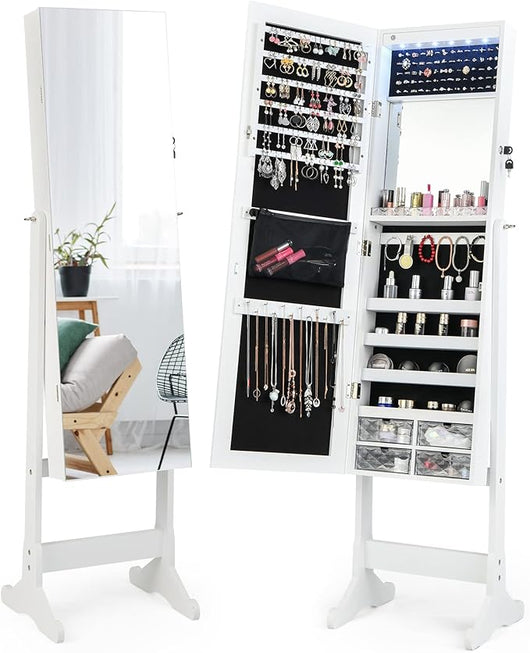 Armadietto Portagioie con Serratura e Specchio Senza Cornice Cassetti Acrilici, Specchio Interno per Trucco Vassoio per Rossetti, Specchio Illuminato a LED (Bianca)