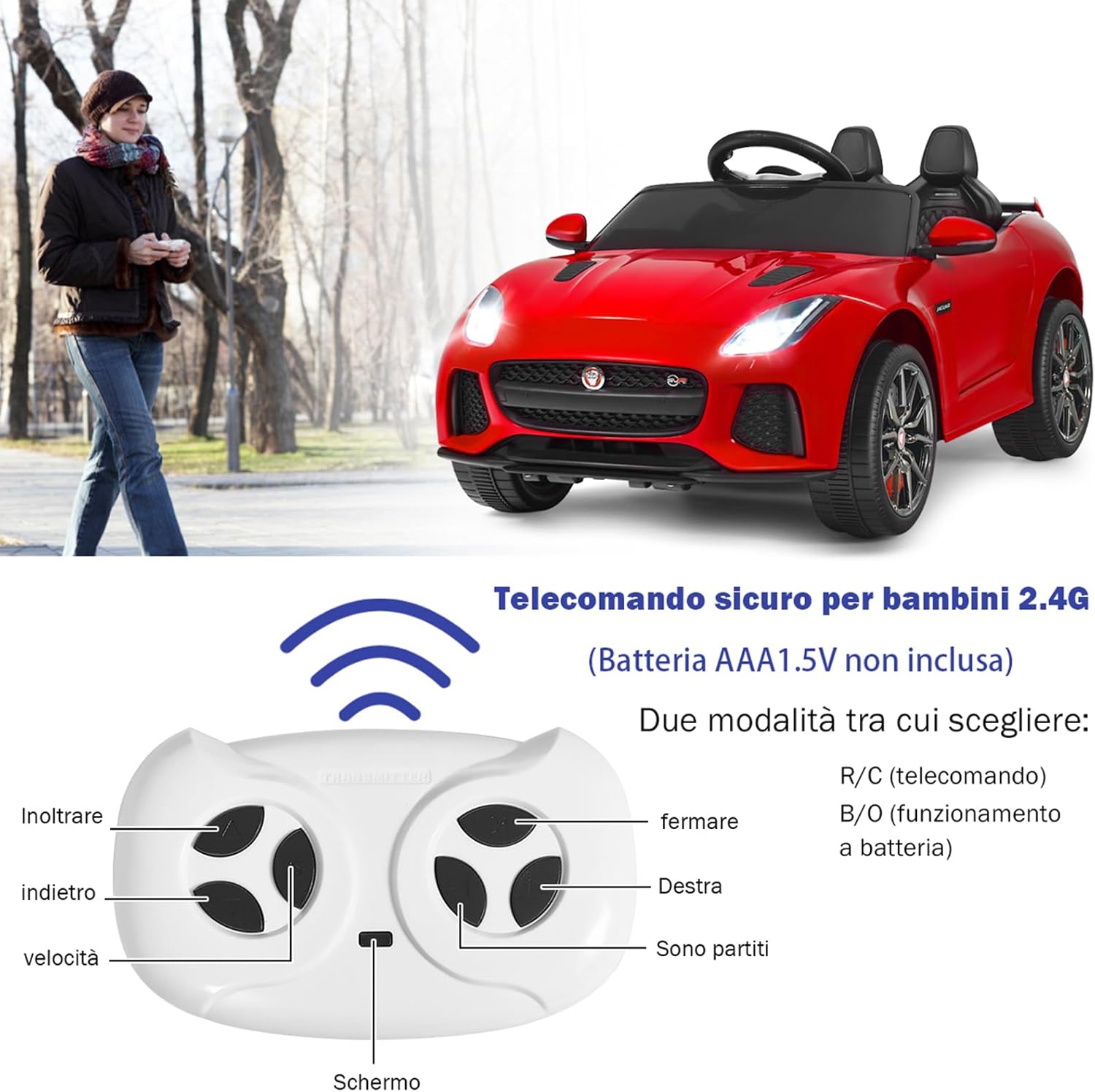 Jaguar Auto Elettrico 12 V per Bambini, Macchina Elettrica con Telecomando, con Luci Musica Storia, Avvio Lento, Velocit¨¤ 3-5 km/h (Rosso)