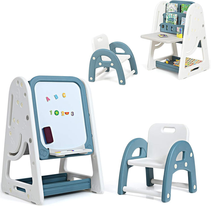 Cavalletto per Dipingere 2 in 1 Multifunzione per Bambini Altezza Regolabile, Libreria Bambini Lavagna Doppia Faccia , con Sedia e Accessori (Blu)