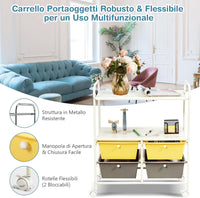 Carrello con 4 Cassetti e 2 Ripiani, Carrello Portaoggetti con Ruote per Cucina Bagno Ufficio, Multiuso, 58,5x37x75 cm (Giallo+Grigio)