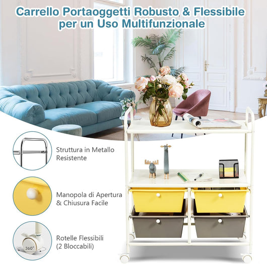 Carrello con 4 Cassetti e 2 Ripiani, Carrello Portaoggetti con Ruote per Cucina Bagno Ufficio, Multiuso, 58,5x37x75 cm (Giallo+Grigio)