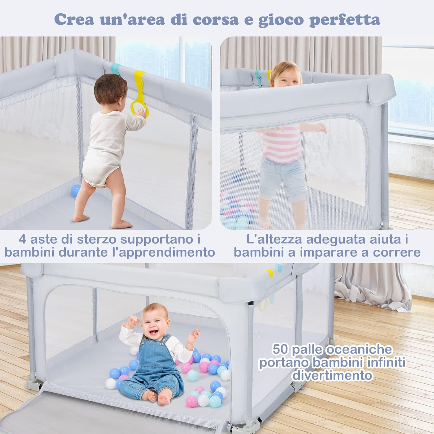 Recinto per Bambini, Box per Bambini con Rete Traspirante, Centro Attività per Bambini con 50 Palline, Box Giochi per Bambini 0-3 Anni (Grigio, ‎124 x 124 cm)