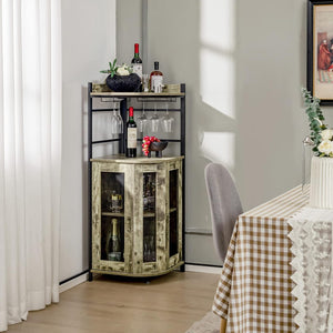 Mobile Bar Angolare, Mobiletto Multiuso con Porta Bicchieri, 2 Porte Ventilate in Rete Metallica e Ripiano Regolabile, per Cucina, Sala da Pranzo e Soggiorno (Marrone Rustico)