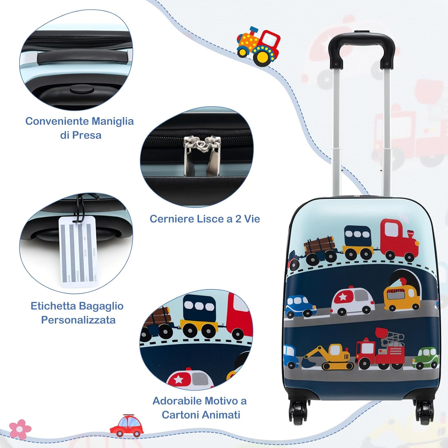 5 Pezzi Valigia per Bambini, Valigia con ManicoTelescopico da 16" con 13" Zainetto, Cuscino per Il Collo, Etichetta per Bagaglio, Borsa per Il Pranzo, con Ruote Girevoli a 360 ° (Modello 3)