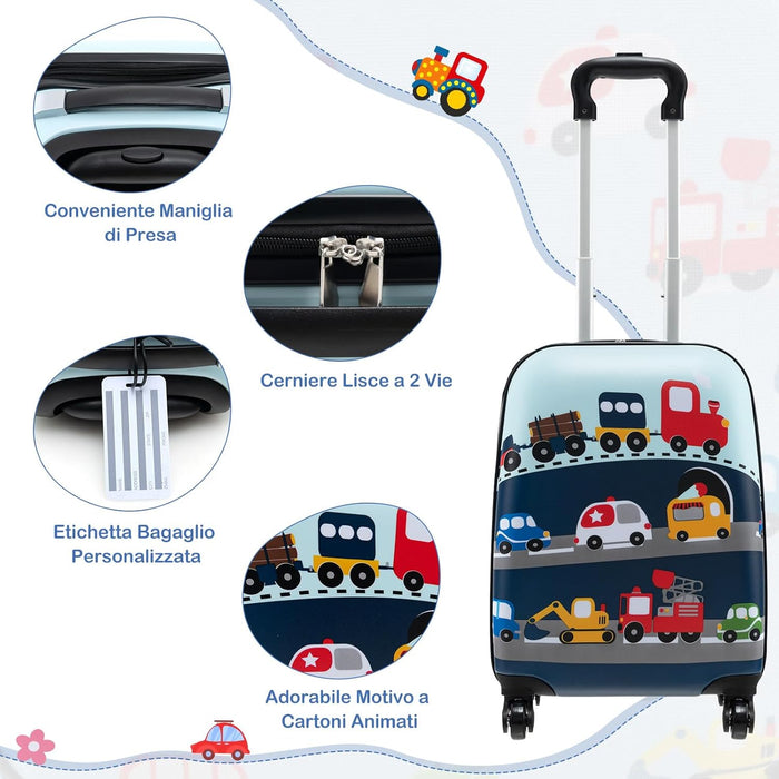 5 Pezzi Valigia per Bambini, Valigia con ManicoTelescopico da 16" con 13" Zainetto, Cuscino per Il Collo, Etichetta per Bagaglio, Borsa per Il Pranzo, con Ruote Girevoli a 360 ° (Modello 3)