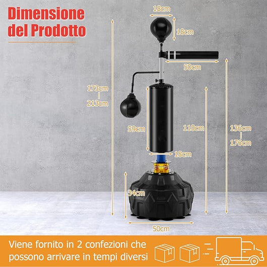Bersaglio Boxe Multifunzionale da Terra, Sacco da Boxe con Asta Rotante a 360°Autonoma con 2 Palle, Altezza Regolabile e Base Riempibile, per Casa o Palestra