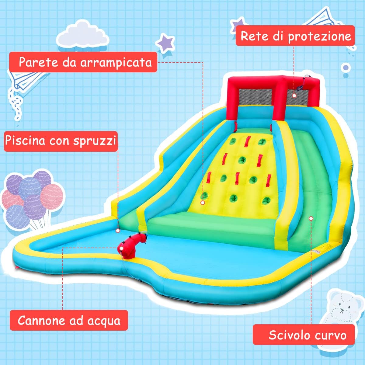 Castello Gonfiabile per Bambini, Parco Acquatico Gonfiabile con 2 Scivoli, Piscina, Parete di Arrampicata, Cannone, Borsa di Trasporto e Kit di Riparazione, 452x362x228 cm (Senza Soffiatore)