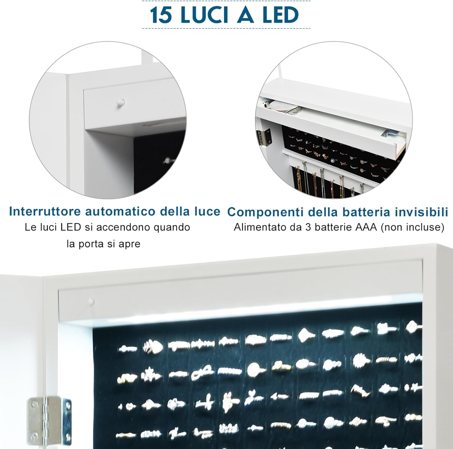 Armadietto Portagioie Specchio per Gioielli con Luci LED, Specchiera da Porta e Muro, per Figura Intera, 120x37x9,6cm