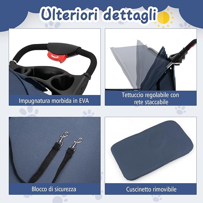Passeggino per Cani Piccoli Pieghevole, Fino a 15 kg, Ruote 360° con Freni, Cuscino, Porta Doppio, Finestre, Cestino, Portabicchieri, Carrozzina Portatile (Blu)