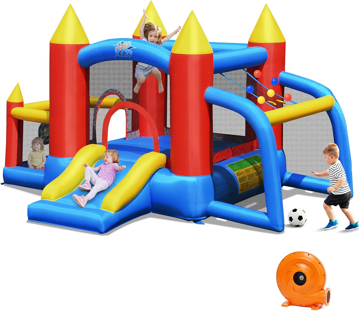 Castello Gonfiabile per Bambini, con Scivolo, 60 Palline, Borsa di Trasporto e Kit di Riparazione, per 4 Bambini 3-10 Anni, Soffiatore Incluso, Regalo Perfetto per Bambini