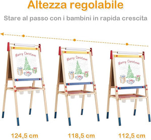 Cavalletto per Bambini 3 in 1, Lavagna Bifacciale, Cavalletto per Disegnare, con Rotolo di Carta, Lavagna Bianca Magnetica, Accessori Completi, in Legno (60x55x(112,5-124,5) cm)