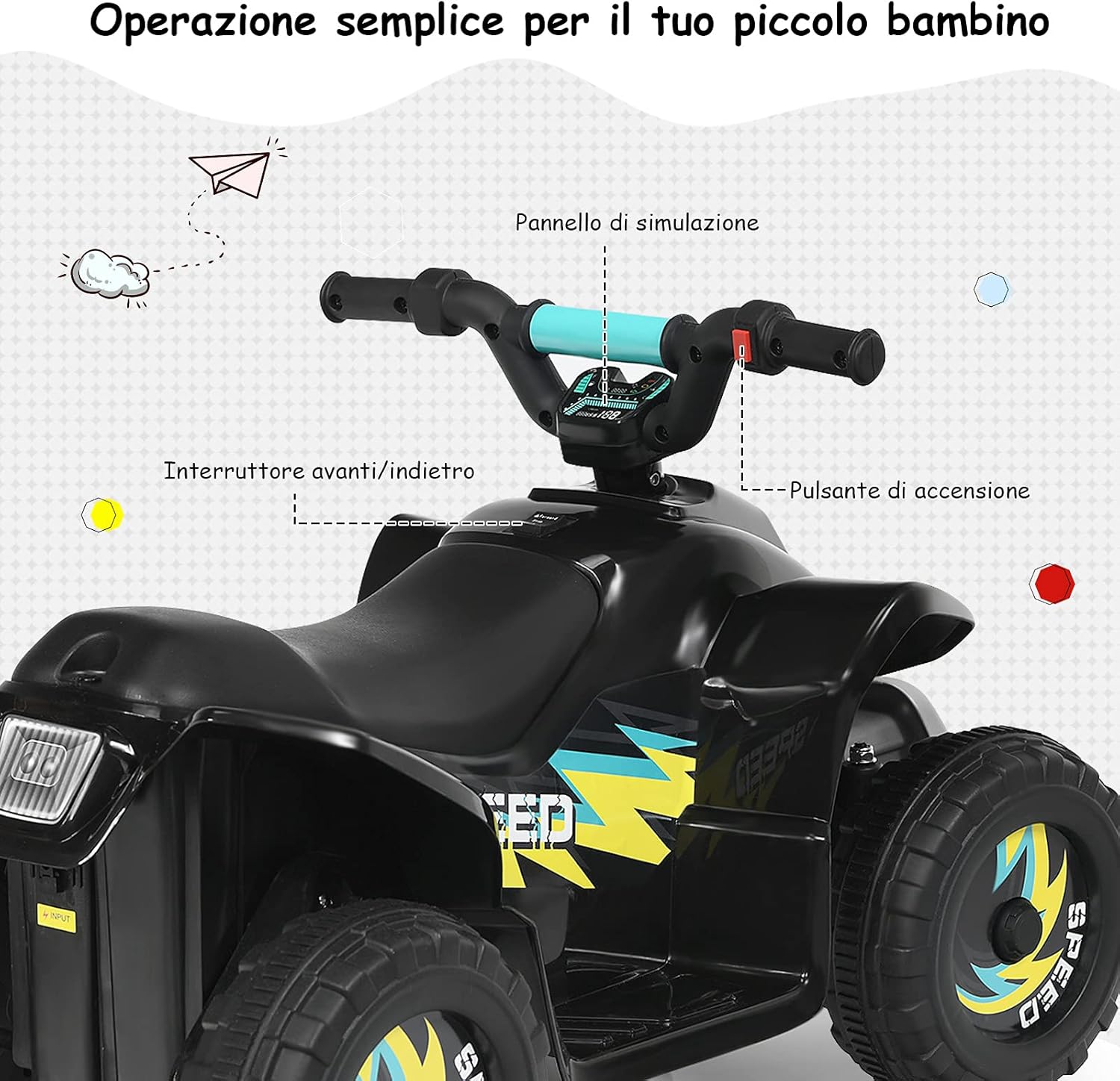 6V Quad Elettrico per Bambini con Batteria, Mini Quad con Funzione Avanti/Indietro, Velocità Massima 4,6 km/h (Nero)