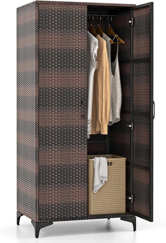 Armadio in Vimini con 2 Ante, Armadio Guardaroba in Rattan PE con Asta Appendiabiti e 4 Cubi di Stoccaggio, per Soggiorno, Camera da Letto e Patio, 72 x 50 x 157 cm (Maronne)