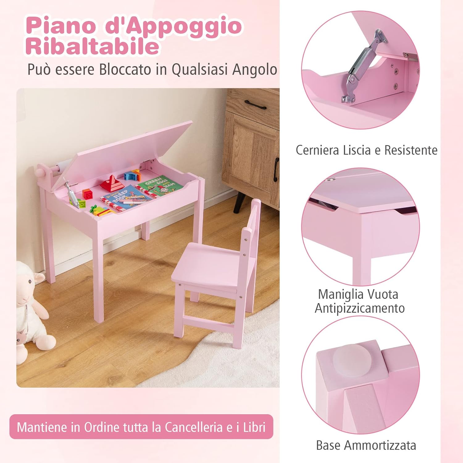 Set Tavolo e Sedia d’Arte per Bambini 3+ Anni, Scrivania in Legno di Pino da Disegno con Portarotolo, Piano Ribaltabile & Vano Portaoggetti, Rotolo di Carta (10m) e 2 Pennarelli (Rosa)