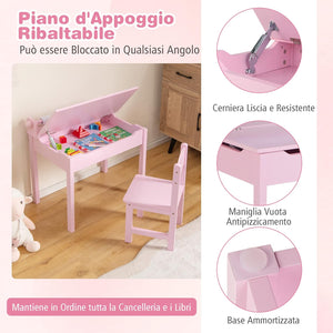Set Tavolo e Sedia d’Arte per Bambini 3+ Anni, Scrivania in Legno di Pino da Disegno con Portarotolo, Piano Ribaltabile & Vano Portaoggetti, Rotolo di Carta (10m) e 2 Pennarelli (Rosa)