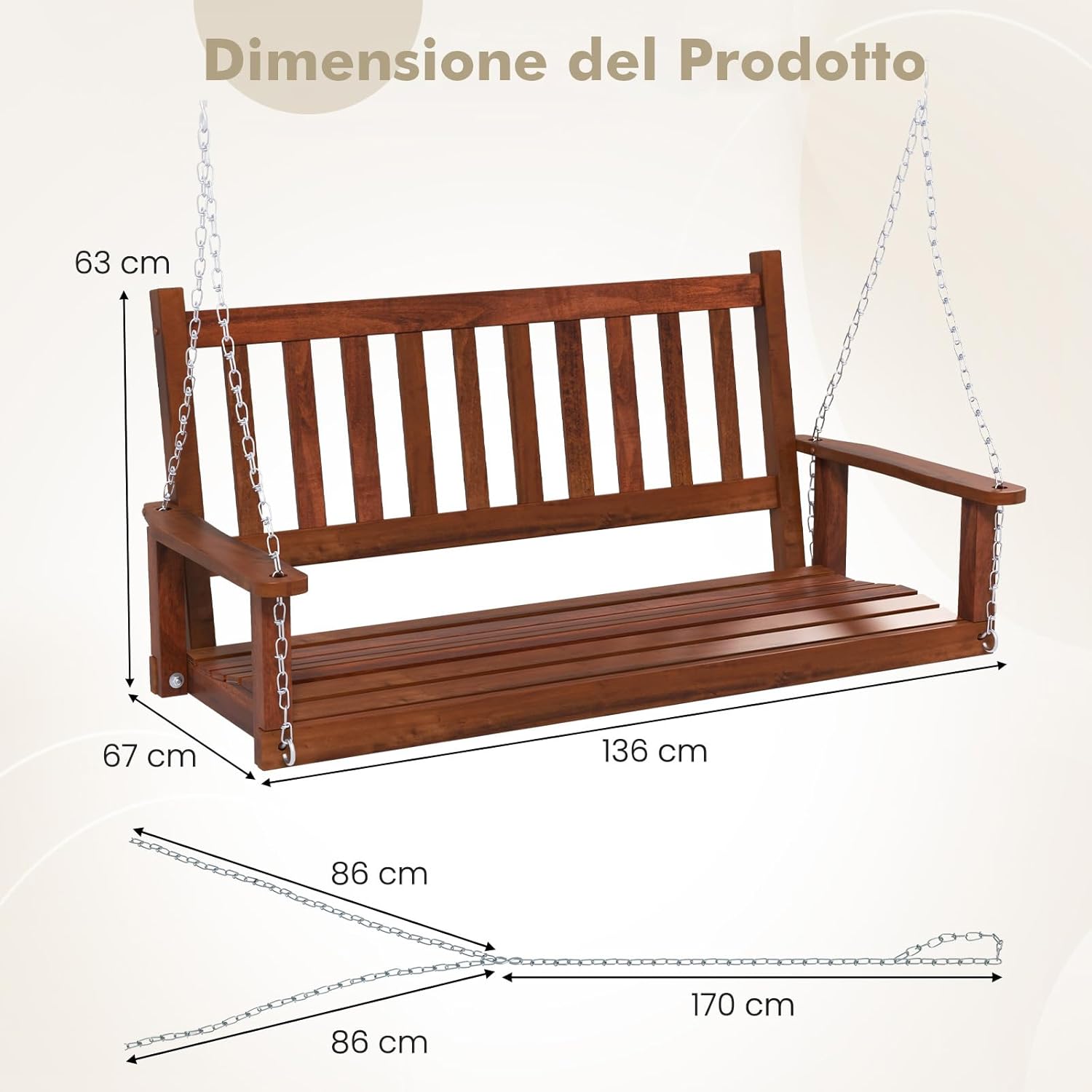 Altalena da Giardino in Legno per 2 Persone, Panchina Sospese in Legno con Capacità di Peso di 230 kg, Sedia a Dondolo per Giardino, Cortile (136 x 67 x 63 cm, Marrone)